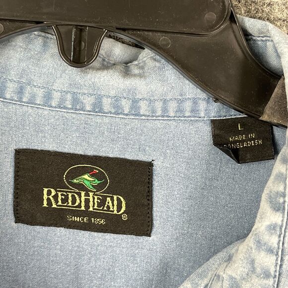 Red Head Shirt Mens L Button-Up Camp Field Outdoor Hike Chore Cottage Denim - Picture 4 of 13